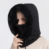 Winter Fur Cap Mask Set Hooded For Women Knitted Cashmere Neck Warm Balaclava ski Windproof Hat Thick Plush Fluffy Beanies Hood - Fashionlinko.com