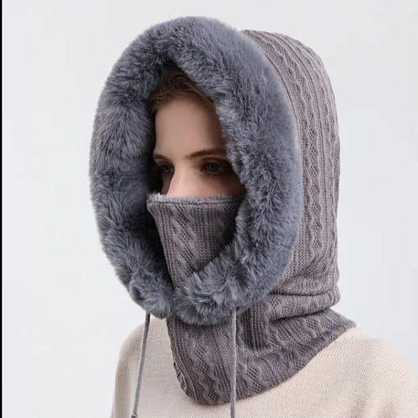 Winter Fur Cap Mask Set Hooded For Women Knitted Cashmere Neck Warm Balaclava ski Windproof Hat Thick Plush Fluffy Beanies Hood - Fashionlinko.com