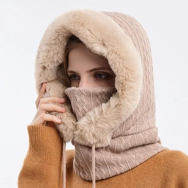 Winter Fur Cap Mask Set Hooded For Women Knitted Cashmere Neck Warm Balaclava ski Windproof Hat Thick Plush Fluffy Beanies Hood - Fashionlinko.com