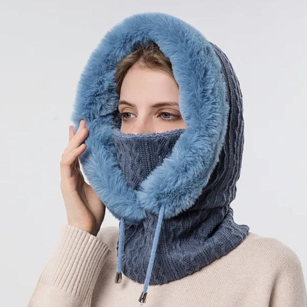 Winter Fur Cap Mask Set Hooded For Women Knitted Cashmere Neck Warm Balaclava ski Windproof Hat Thick Plush Fluffy Beanies Hood - Fashionlinko.com