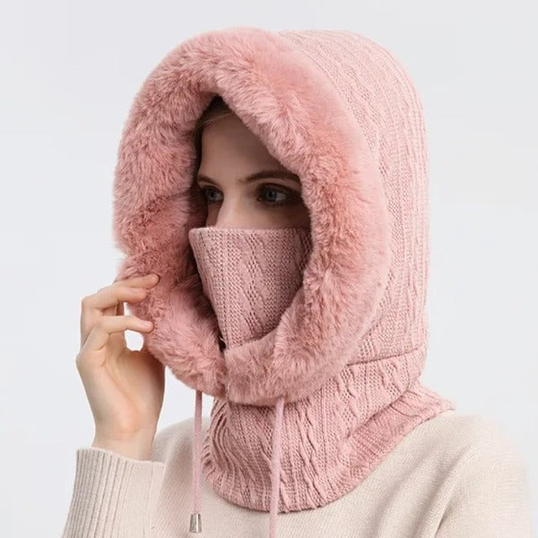 Winter Fur Cap Mask Set Hooded For Women Knitted Cashmere Neck Warm Balaclava ski Windproof Hat Thick Plush Fluffy Beanies Hood - Fashionlinko.com