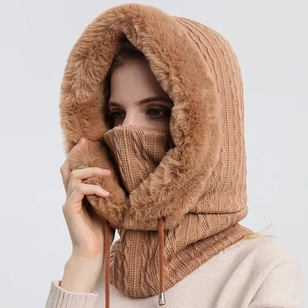 Winter Fur Cap Mask Set Hooded For Women Knitted Cashmere Neck Warm Balaclava ski Windproof Hat Thick Plush Fluffy Beanies Hood - Fashionlinko.com