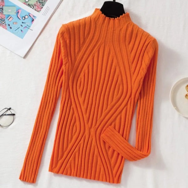 Knitted sweater women pullover half turtleneck jumper sweater Autumn winter Solid slim Chic Street wear Long Sleeve Top fashionlinko.com