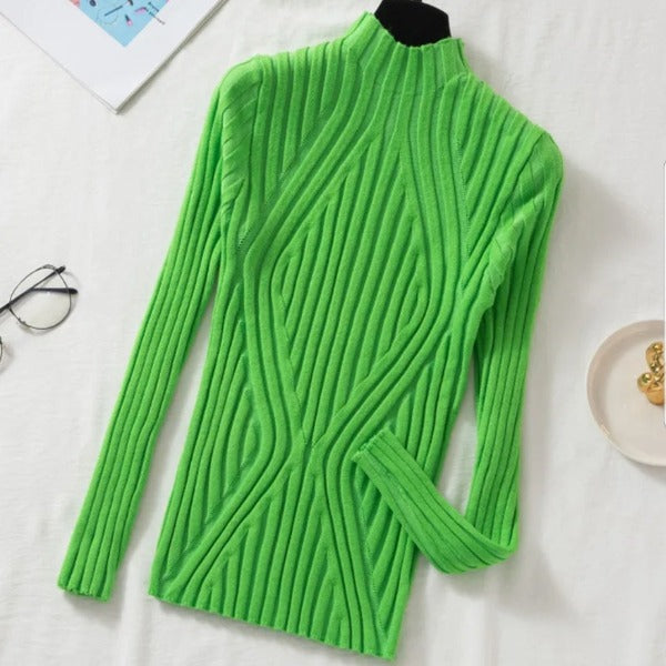 Knitted sweater women pullover half turtleneck jumper sweater Autumn winter Solid slim Chic Street wear Long Sleeve Top fashionlinko.com