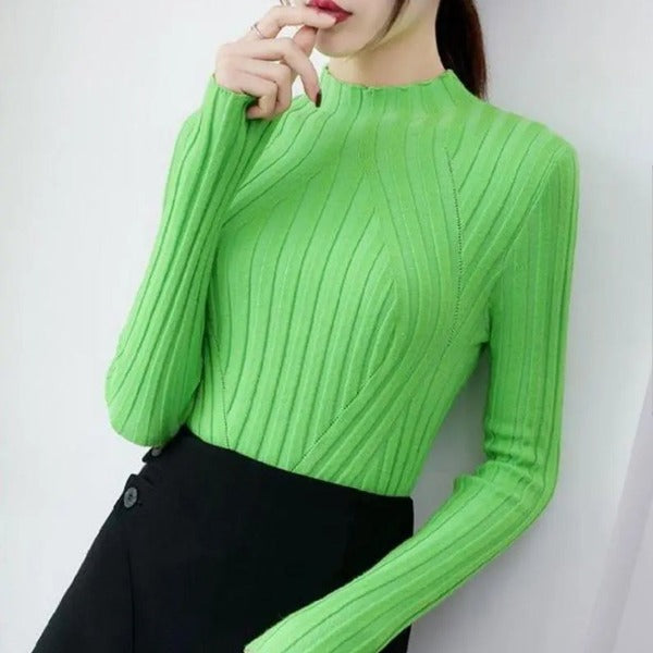 Knitted sweater women pullover half turtleneck jumper sweater Autumn winter Solid slim Chic Street wear Long Sleeve Top fashionlinko.com