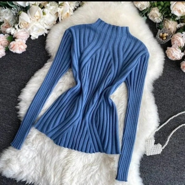 Knitted sweater women pullover half turtleneck jumper sweater Autumn winter Solid slim Chic Street wear Long Sleeve Top fashionlinko.com