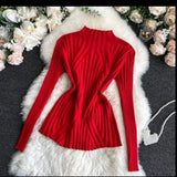 Knitted sweater women pullover half turtleneck jumper sweater Autumn winter Solid slim Chic Street wear Long Sleeve Top fashionlinko.com