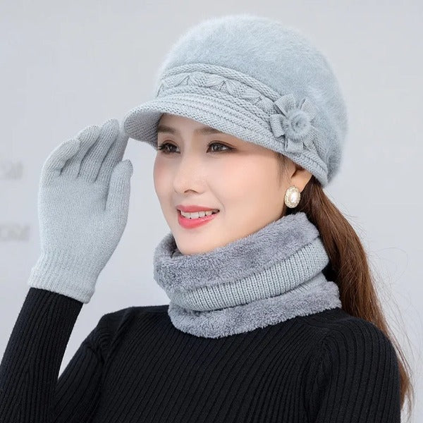 New winter Hat Thick warm Knitted Hat Scarf Gloves 3pc Set For Women Elegant Flowers Robbit Fur Beret outdoor Ski Riding cap Fashionlinko.com