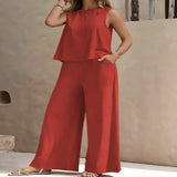 Women's casual two-piece outfit with sleeveless top and wide-leg pants set