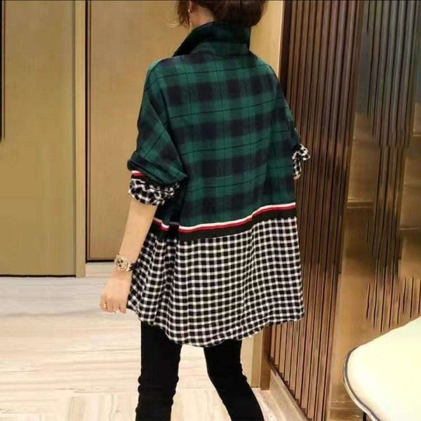 Stitching Plaid Shirt Women Fake Two-piece Tops Tide Western Style - Fashionlinko