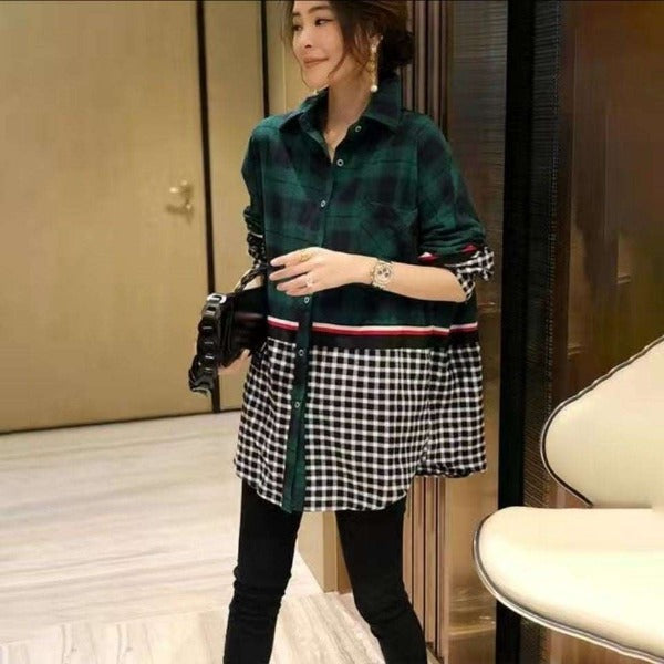 Stitching Plaid Shirt Women Fake Two-piece Tops Tide Western Style - Fashionlinko