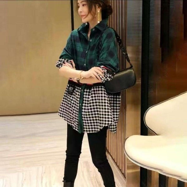 Stitching Plaid Shirt Women Fake Two-piece Tops Tide Western Style - Fashionlinko