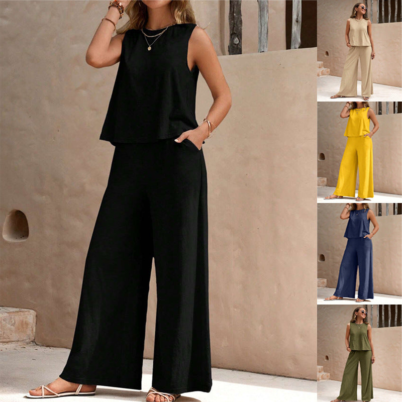 Women's casual two-piece outfit with sleeveless top and wide-leg pants set