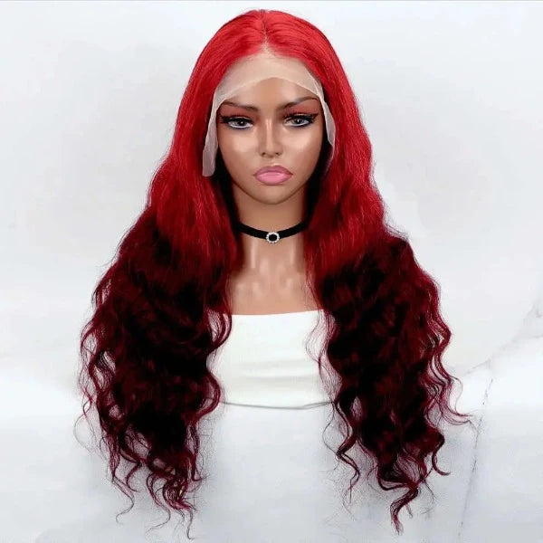 22" inches Body Wave13x4 Lace Fire Color Ombre Red Frontal Human Hair Wig - Fashionlinko