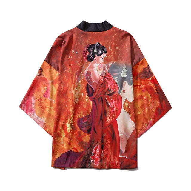Japan Style Clothes Men Summer Streetwear Cat Print Kimono Cardigan Mandarin Robe Men Unisex Japanese Trend Kimonos