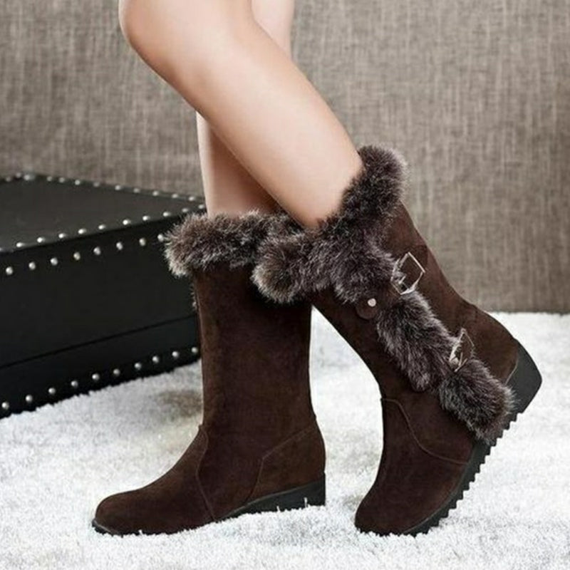 Brown New Winter Women Casual Warm Fur Mid-Calf Boots Shoes Women Slip-On Round Toe Flats Snow Boots Shoes - Fashionlinko