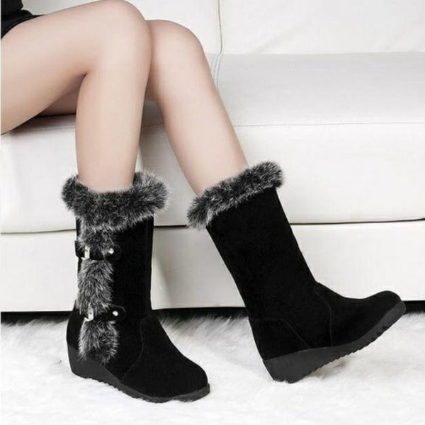 Brown New Winter Women Casual Warm Fur Mid-Calf Boots Shoes Women Slip-On Round Toe Flats Snow Boots Shoes - Fashionlinko