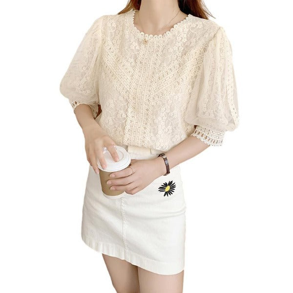 French Hollowed-out Lace Top In Pure Color With Short Sleeves - Fashionlinko