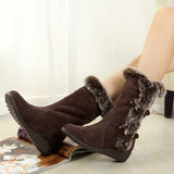 Brown New Winter Women Casual Warm Fur Mid-Calf Boots Shoes Women Slip-On Round Toe Flats Snow Boots Shoes - Fashionlinko