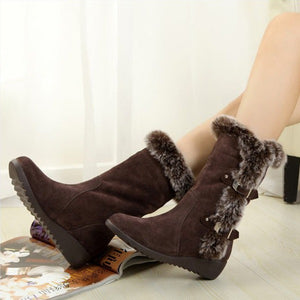 Brown New Winter Women Casual Warm Fur Mid-Calf Boots Shoes Women Slip-On Round Toe Flats Snow Boots Shoes - Fashionlinko