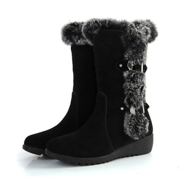 Brown New Winter Women Casual Warm Fur Mid-Calf Boots Shoes Women Slip-On Round Toe Flats Snow Boots Shoes - Fashionlinko