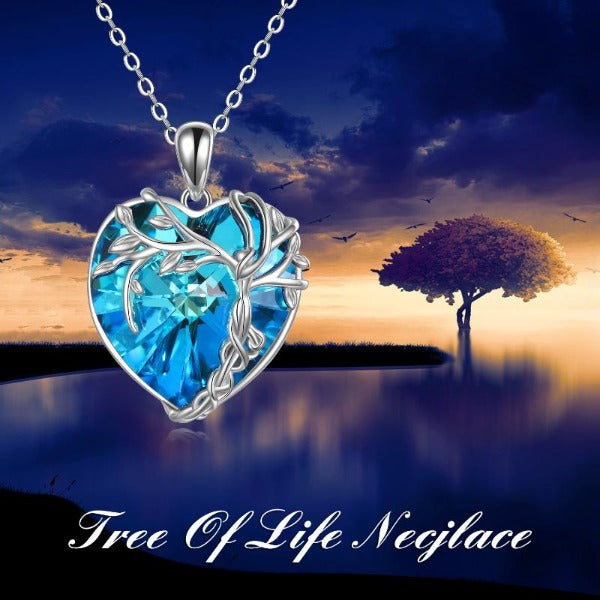 Tree of Life Necklace Sterling Silver Blue Crystal Heart Pendant Jewelry for Women Gifts - Fashionlinko