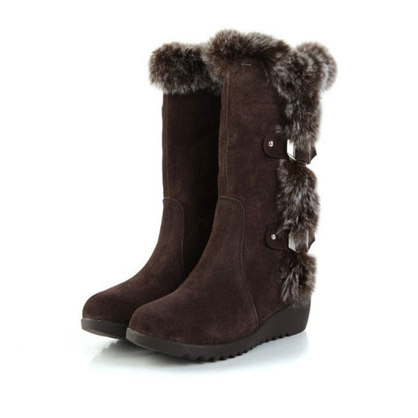 Brown New Winter Women Casual Warm Fur Mid-Calf Boots Shoes Women Slip-On Round Toe Flats Snow Boots Shoes - Fashionlinko