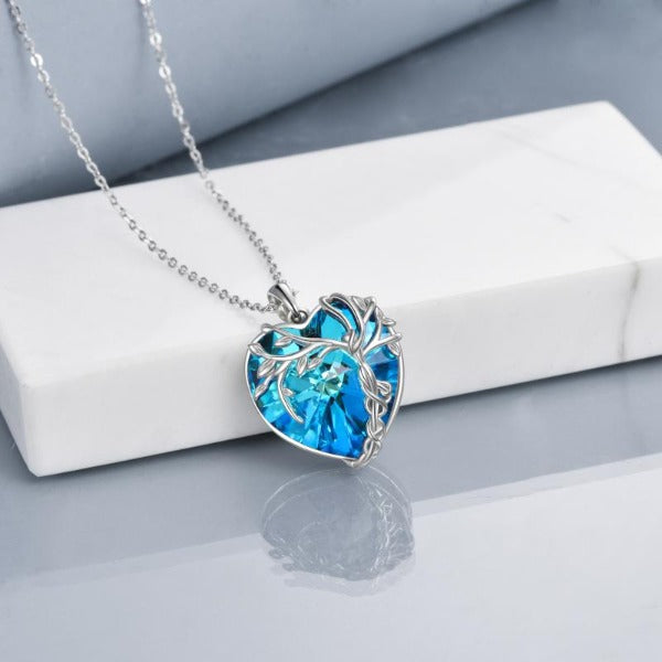 Tree of Life Necklace Sterling Silver Blue Crystal Heart Pendant Jewelry for Women Gifts - Fashionlinko