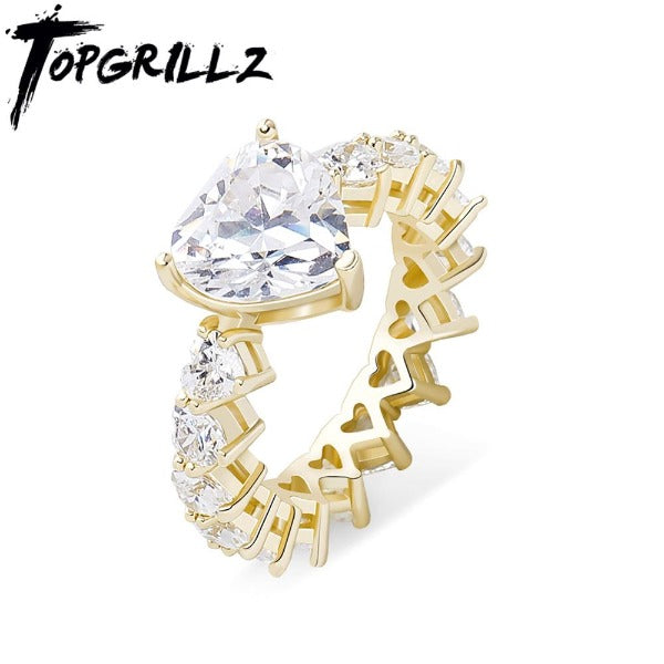 TOPGRILLZ 2020 New Heart Rings High Quality Copper Gold Color Iced Out Cubic Zirconia Rings Hip Hop Fashion Jewelry Gift Women - Fashionlinko