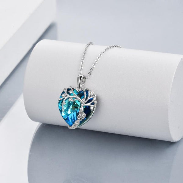 Tree of Life Necklace Sterling Silver Blue Crystal Heart Pendant Jewelry for Women Gifts - Fashionlinko